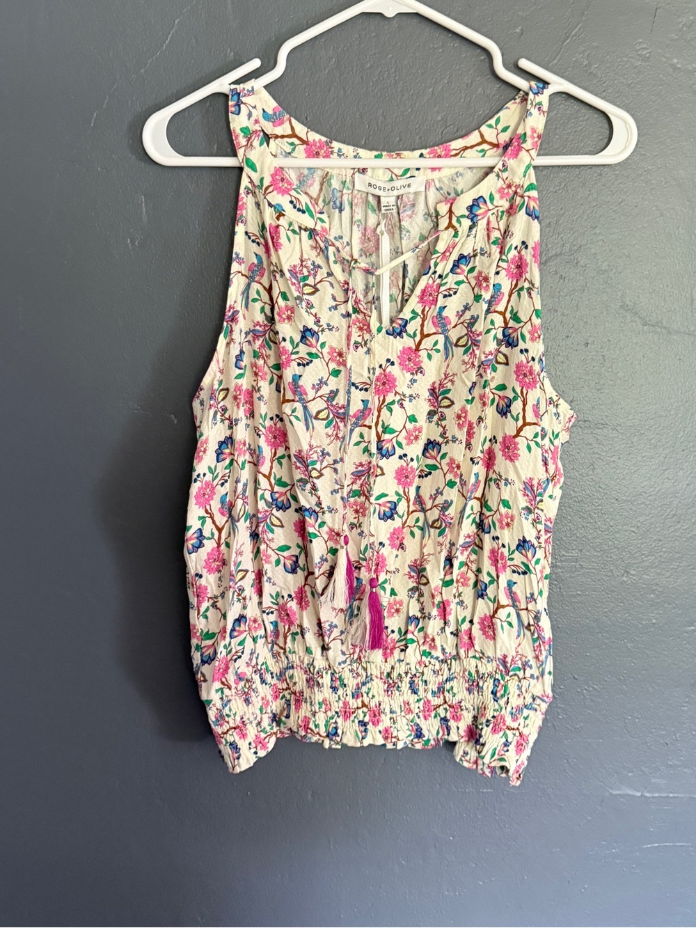 Rose & Olive Cream Floral Tank with Pink & Blue Accents